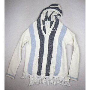 SONOMA - WOMEN'S IVORY WHITE & BLUE STRIPED HOODED PULLOVER SWEATER - M